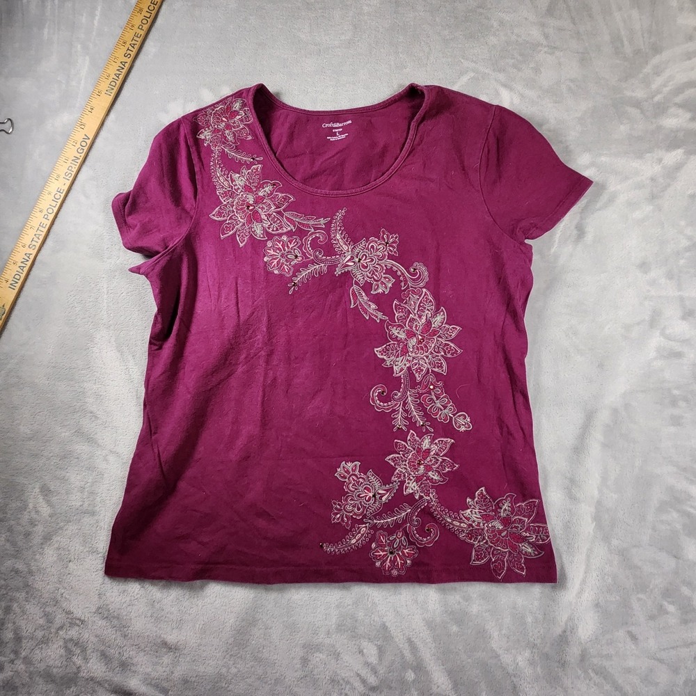 Croft & Barrow Purple Floral Knit Top L Scoop Neck Short Sleeve Cottagecore Y2K